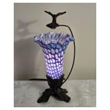 Adorable Blue Stained Glass Tulip Lamp with Playful Brass Hummingbird Accent