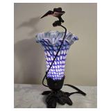 Adorable Blue Stained Glass Tulip Lamp with Playful Brass Hummingbird Accent