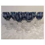Brilliant Mid-Century Modern Cut to Clear Indigo Wine Glass Set - (13)