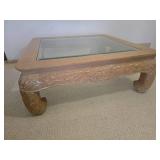 Blonde Square Glass Surface Coffee Table with Floral Carved Accents