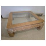 Blonde Square Glass Surface Coffee Table with Floral Carved Accents