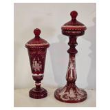 Vintage Antique Bohemian Ruby Cut to Clear Glass Lidded Candle Holder Pair