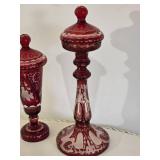 Vintage Antique Bohemian Ruby Cut to Clear Glass Lidded Candle Holder Pair