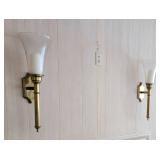 Large Brass Colonial Glass Lantern Wall Sconse, pair