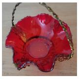 Vintag Ruby Red Ruffled Glass Handled Brides Basket