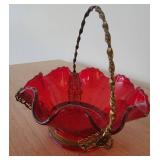Vintag Ruby Red Ruffled Glass Handled Brides Basket