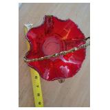 Vintag Ruby Red Ruffled Glass Handled Brides Basket