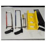 Collection of Hand Tools Including 3 Hacksaws, Miter Box, and Screwdriver