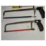 Collection of Hand Tools Including 3 Hacksaws, Miter Box, and Screwdriver
