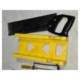 Collection of Hand Tools Including 3 Hacksaws, Miter Box, and Screwdriver