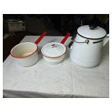 Vintage Enamel Cookware - Teapot and Two Saucepans