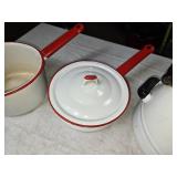 Vintage Enamel Cookware - Teapot and Two Saucepans