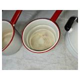 Vintage Enamel Cookware - Teapot and Two Saucepans