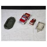 Lot of Vintage Toy Vehicles - Pickup Truck, Red Tractor, Trailer, and Inflatable Boat