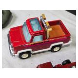 Lot of Vintage Toy Vehicles - Pickup Truck, Red Tractor, Trailer, and Inflatable Boat