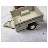 Lot of Vintage Toy Vehicles - Pickup Truck, Red Tractor, Trailer, and Inflatable Boat