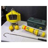 Fishing Equipment Lot including Flow Troll Minnow Bucket, Marker Buoys, and Small Tackle Box