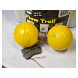 Fishing Equipment Lot including Flow Troll Minnow Bucket, Marker Buoys, and Small Tackle Box