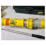 Fishing Equipment Lot including Flow Troll Minnow Bucket, Marker Buoys, and Small Tackle Box