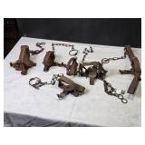 Lot of 6 Vintage Steel Animal Traps with Chains