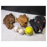 Set of 2  Baseball Gloves One Right Hand, One Left Hand and 3 Balls (2 Baseballs and 1 Softball)