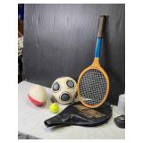 Collection of Sporting Goods: Tennis Racket, Soccer Ball, Football, and Tennis Ball