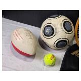 Collection of Sporting Goods: Tennis Racket, Soccer Ball, Football, and Tennis Ball