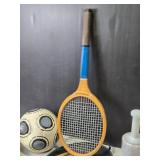 Collection of Sporting Goods: Tennis Racket, Soccer Ball, Football, and Tennis Ball