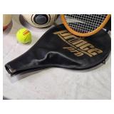 Collection of Sporting Goods: Tennis Racket, Soccer Ball, Football, and Tennis Ball
