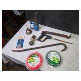 Mixed Lot of Garden and Hand Tools Including Oil Can, Crowbar, Trimmer Line and More