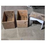 Set of 2 Vintage Wooden Crates and 1 Small White Stool