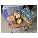 Decorative Rustic Table with Birdhouse, Garden Items and Pumpkins
