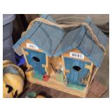 Decorative Rustic Table with Birdhouse, Garden Items and Pumpkins