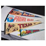 Collection of 4 Vintage Texas Souvenir Pennants - Alamo, San Antonio, Padre Island, Texas