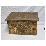 Antique Ornate Brass Wood Treasure Chest with Intricate Relief Scenes