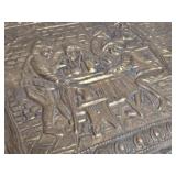 Antique Ornate Brass Wood Treasure Chest with Intricate Relief Scenes