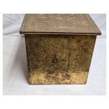 Antique Ornate Brass Wood Treasure Chest with Intricate Relief Scenes