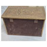 Antique Ornate Brass Wood Treasure Chest with Intricate Relief Scenes