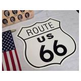 Collection of Vintage Americana Artifacts Including Route 66 Sign, U.S. Presidents Display, and American Flag