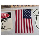 Collection of Vintage Americana Artifacts Including Route 66 Sign, U.S. Presidents Display, and American Flag