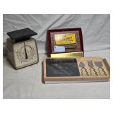 Vintage Kitchen Scale and Holiday Cheese Cutter Set and Schwepes Wooden Handle Cleaver