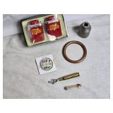 Vintage Collection of Assorted Items including Trojan Salt and Pepperr, Lighter, Copper Ring, and Snap-On Tool