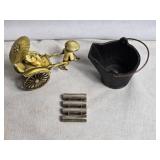 Vintage Japanese Rickshaw Figurine with Umbrella, Mouth Harp and Small Cast Iron Bucket