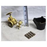 Vintage Japanese Rickshaw Figurine with Umbrella, Mouth Harp and Small Cast Iron Bucket