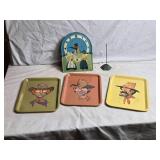 Vintage Kitchen Decor Set: 3 Colorful Serving Trays with Cowboy Themes, Clock, and Incense Holder