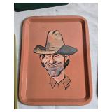 Vintage Kitchen Decor Set: 3 Colorful Serving Trays with Cowboy Themes, Clock, and Incense Holder