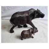 Set of 2 Handcrafted Dark Brown Wooden Buffalo Figurines