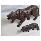 Set of 2 Handcarved Wooden Animal Figurines - Large and Small Cats
