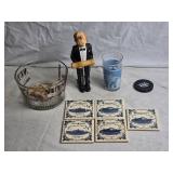 Vintage Corkscrew Figure, Glass Snack Bowl, and Coaster Set