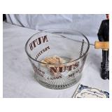 Vintage Corkscrew Figure, Glass Snack Bowl, and Coaster Set